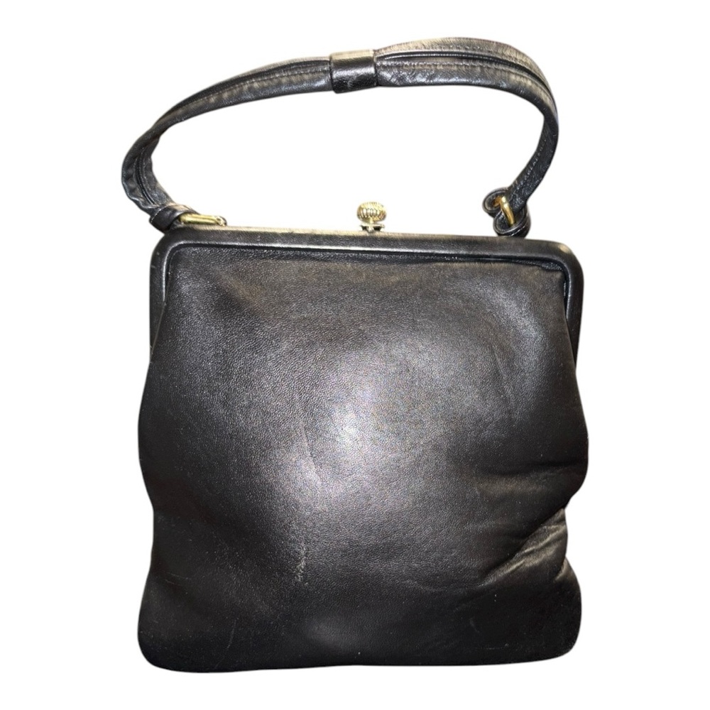 Jane Shilton Black Leather Kiss-Lock Shoulder Clutch Made in England B12